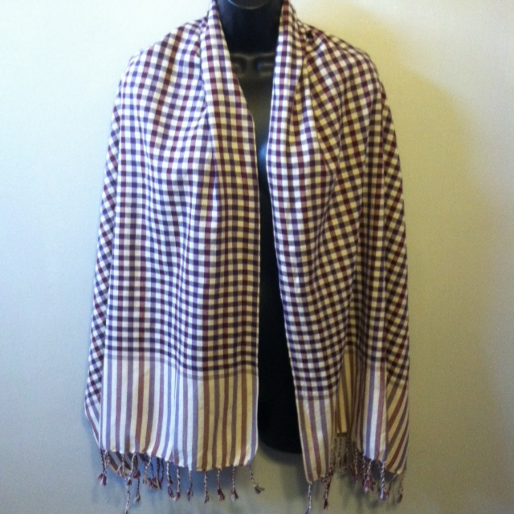 Large Gingham Scarf Wrap Cream Purple Plum - Picture 3 of 3